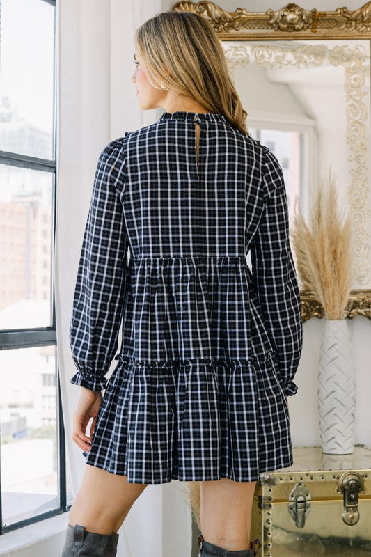 plaid babydoll mini dress Plus Plaid Babydoll Mini Dress Black / 3XL
