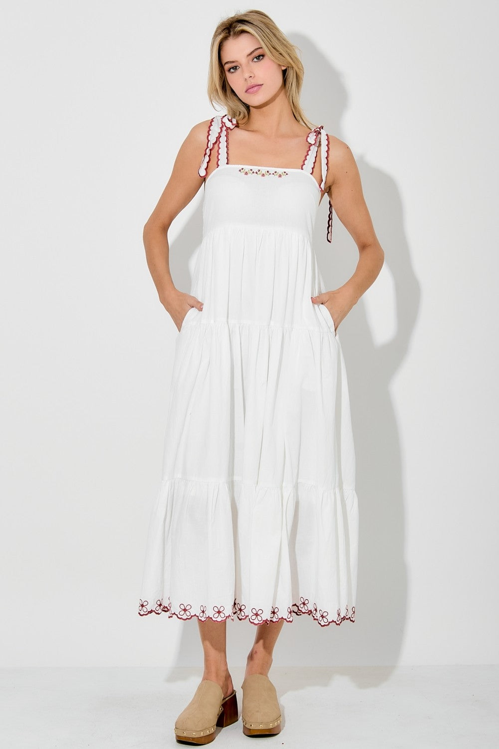 Embroided Tie Strap Maxi Dress