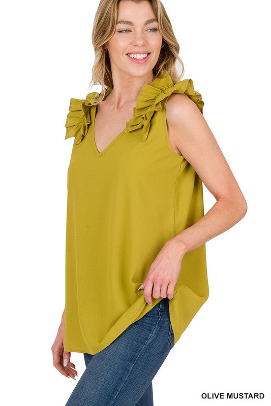 Woven Wool Dobby Ruffle Trim Sleeveless