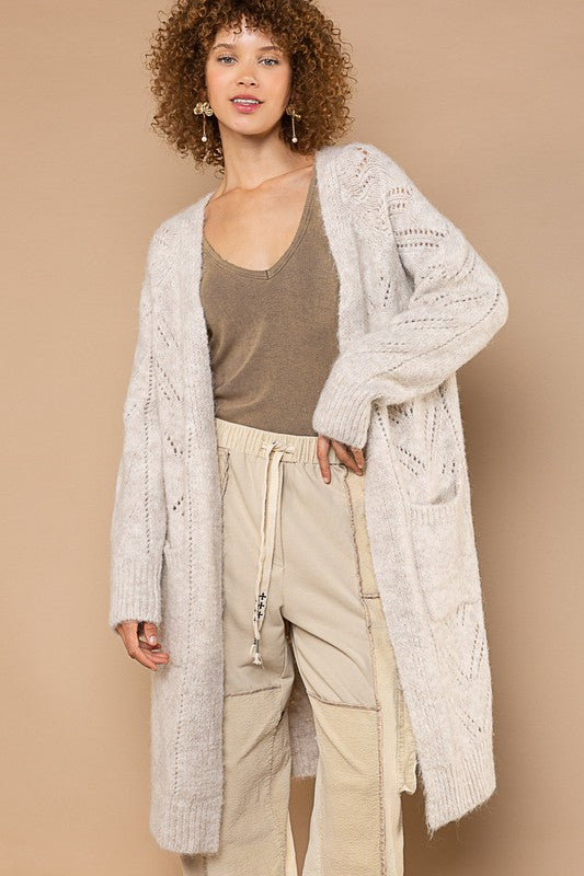 Open front pockets long sleeve cardigan