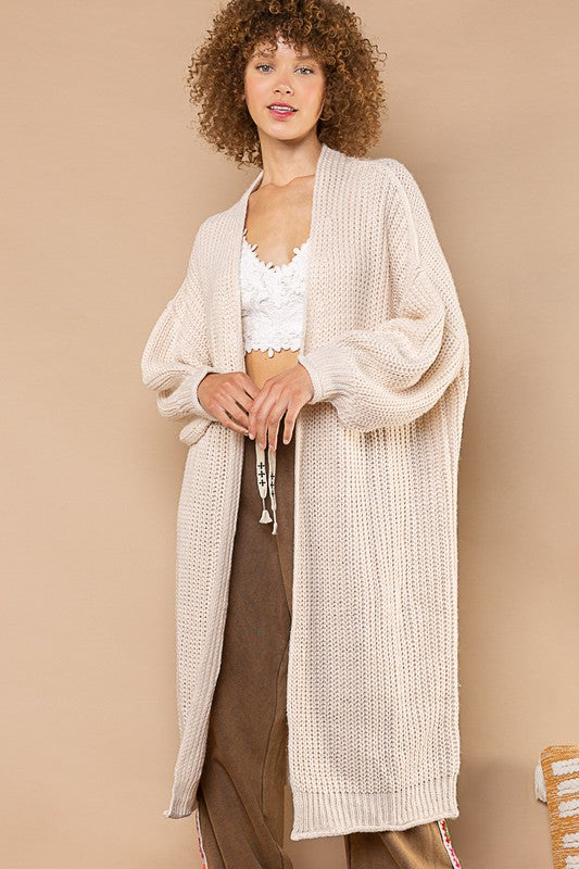 Open front balloon sleeves long cardigan