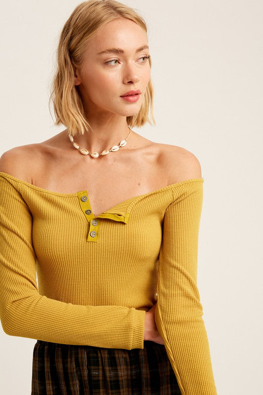 Waffle Textured Off Shoulder Henley Knit
