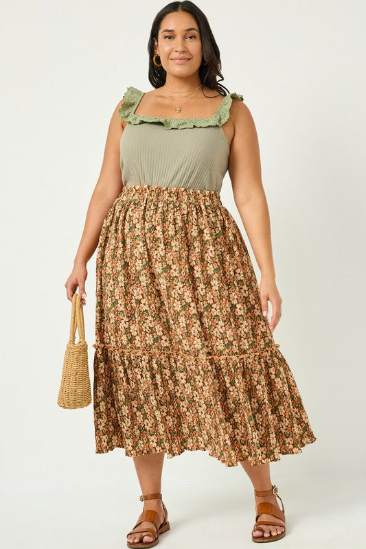 Plus Floral Pleated Ruffled Skirt