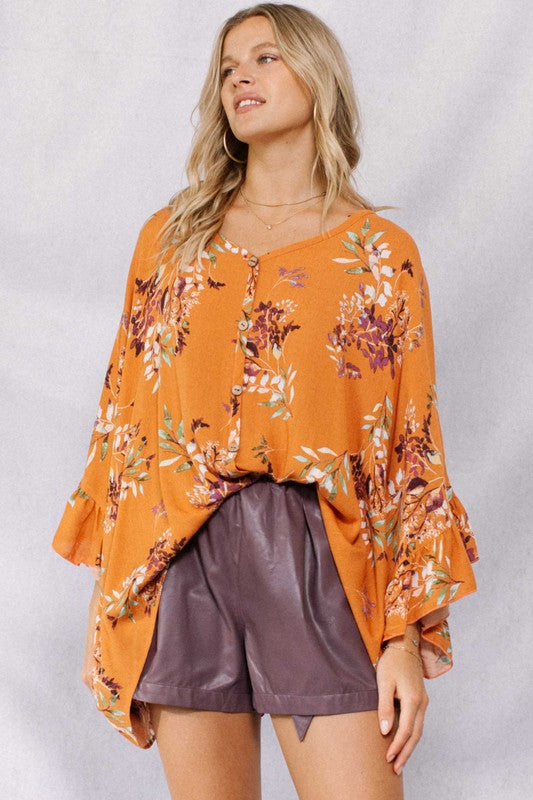 Leaf Printed V-neckline Tunic Top