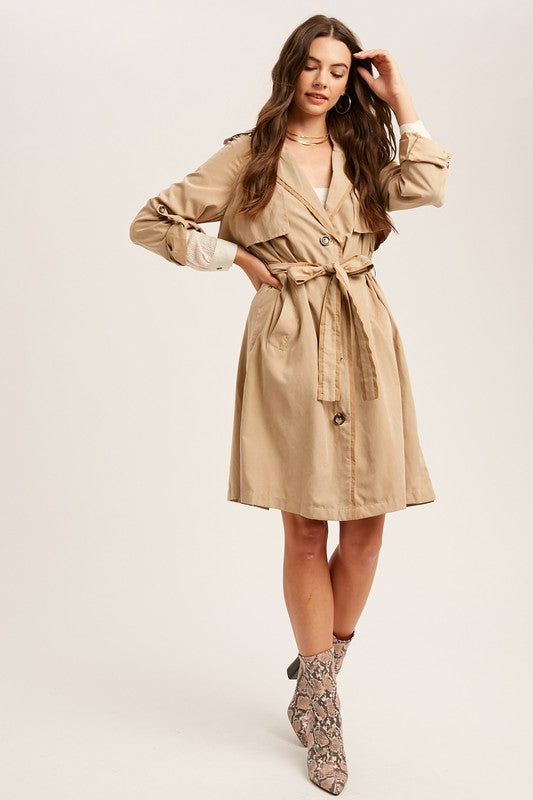 TEXTURED TIE WAIST LONG LAYERED TRENCH COAT
