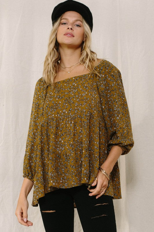 Tiny Floral Printed Square Neckline Top