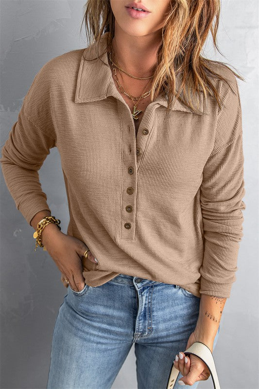 Slim Button Front Turn-down Neck Knit Top
