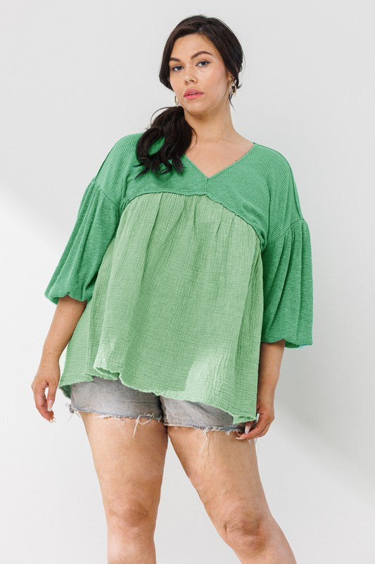 Plus Washed Solid Woven Babydoll Top