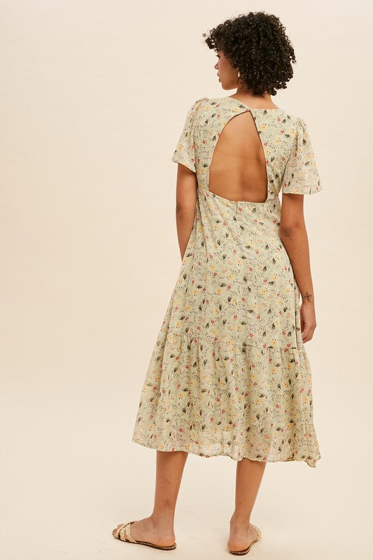 Floral Chiffon Flutter Sleeve V Neck Mid