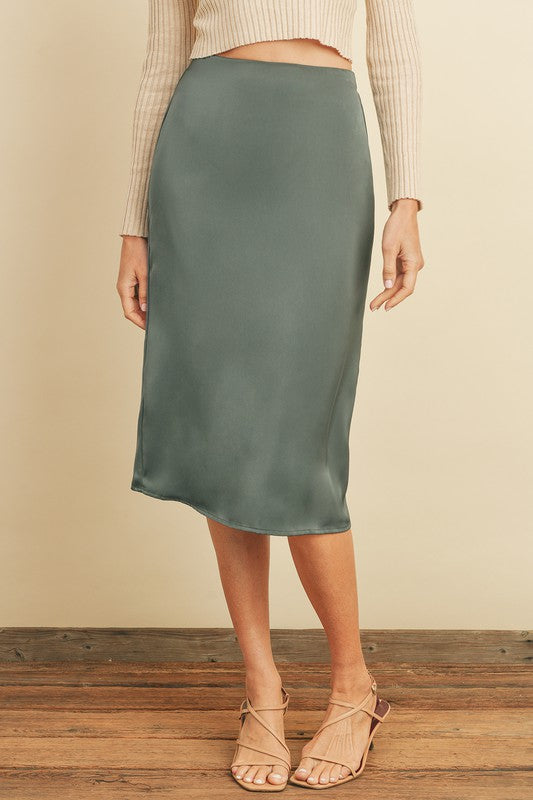 Solid Satin A-Line Midi Skirt