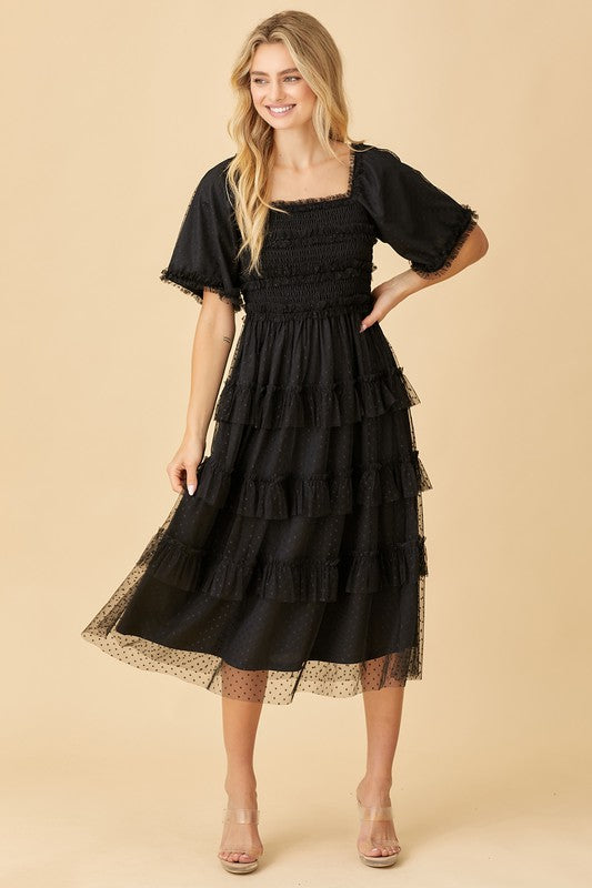 SQUARE NECK TIERED MIDI DRESS WITH RUFFLE
