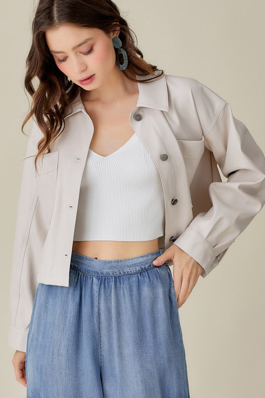 LEATHER BUTTON CROP JACKET