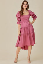 Load image into Gallery viewer, DOUBLE PUFF SLEEVE TIE UP BACK TIERED DRESS
