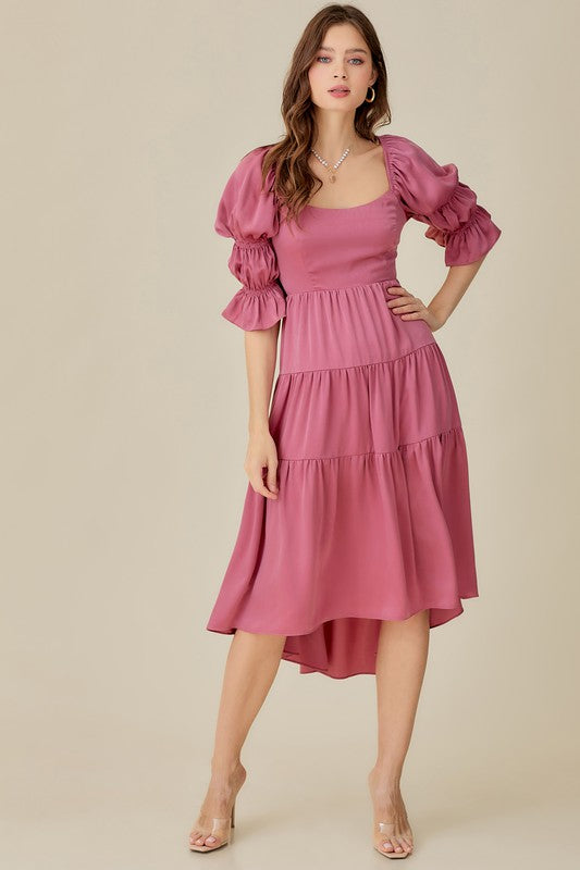 DOUBLE PUFF SLEEVE TIE UP BACK TIERED DRESS