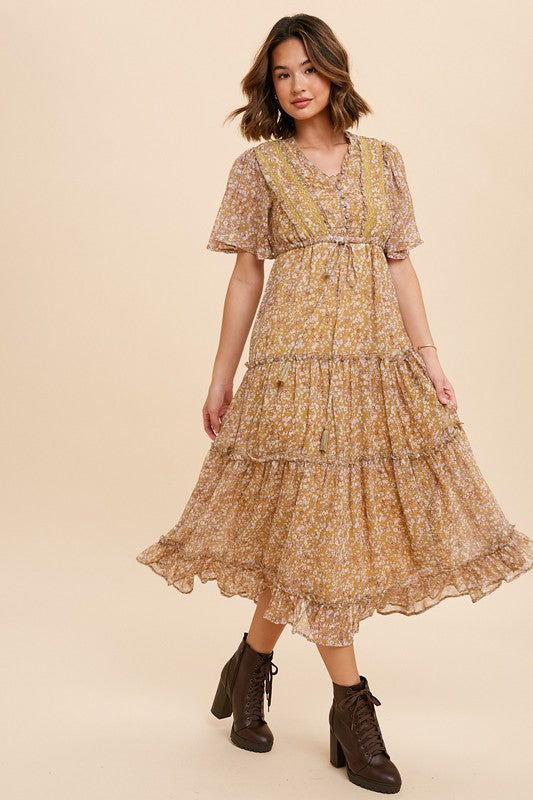 Flutter Sleeve Tiered Midi Dress