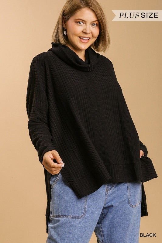Ribbed Knit Long Sleeve Cowl Neck