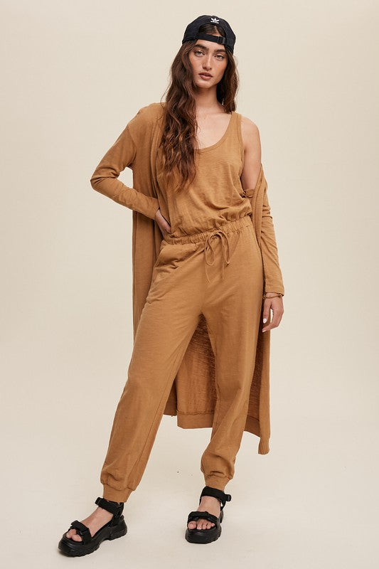 TEXTURED JUMPSUIT AND LONG CARDIGAN