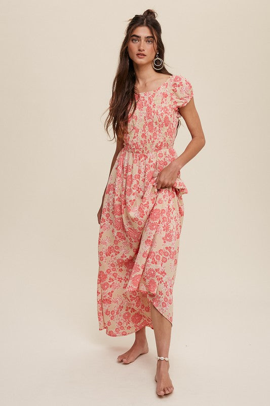 Floral Smock Cross Back Puff Sleeve Maxi