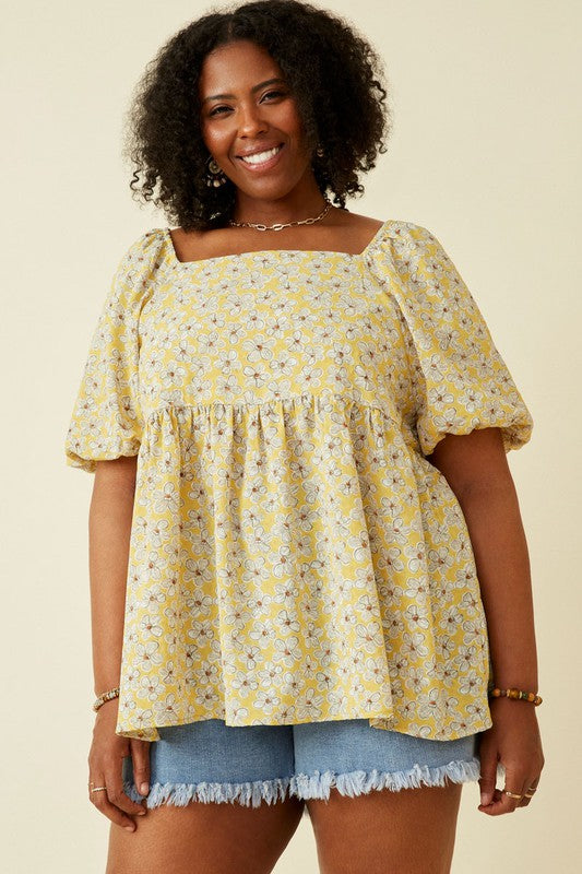 Plus Floral Print Square Neck Puff Sleeve