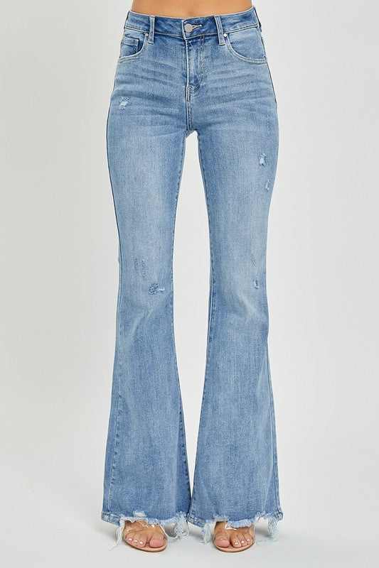 HIGH RISE DISTRESSED FLARE JEANS