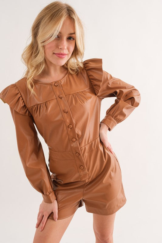 Soft Faux Leather Long Sleeve Romper