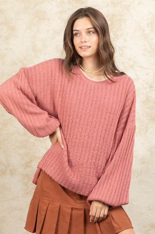 PLUS SIZE Contrast Color Detail Neck Sweater.