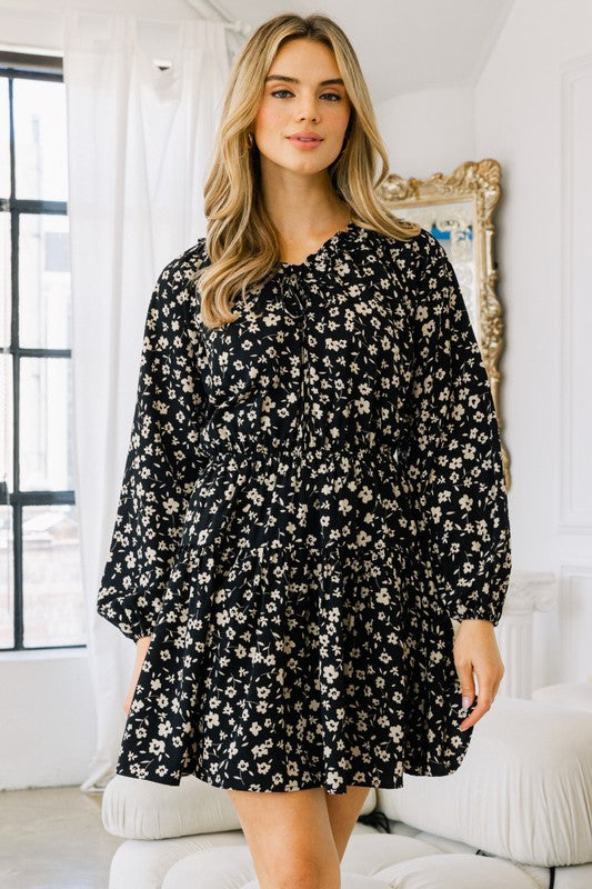 Floral Print With Drawstring Mini Dress