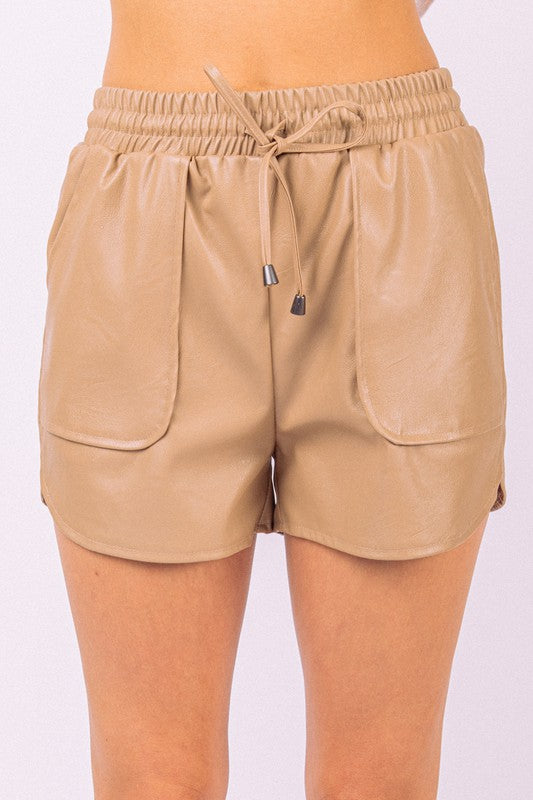 Solid Faux Leather Casual Dolphin Shorts