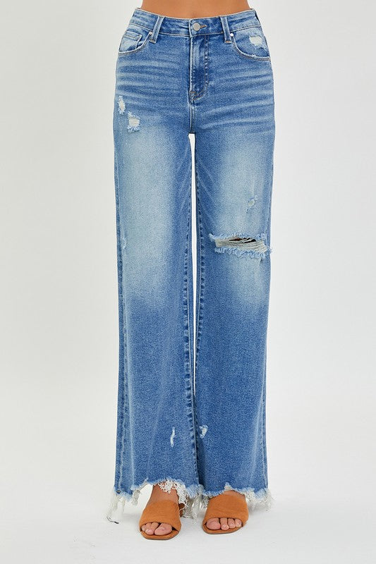 [RDP5529 ] HIGH RISE FRAYED HEM WIDE LEG JEANS