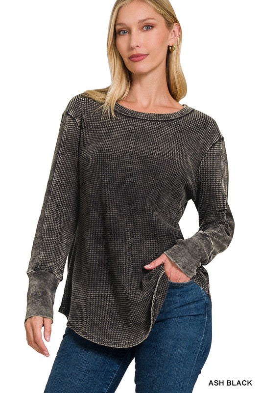 WASHED BABY WAFFLE LONG SLEEVE TOP