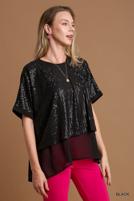 Sequin Round Neck Layering Top with Back