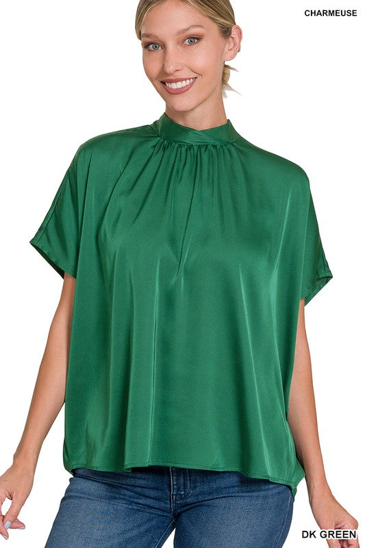 SATIN CHARMEUSE RIBBON TIE BACK MOCK NECK TOP