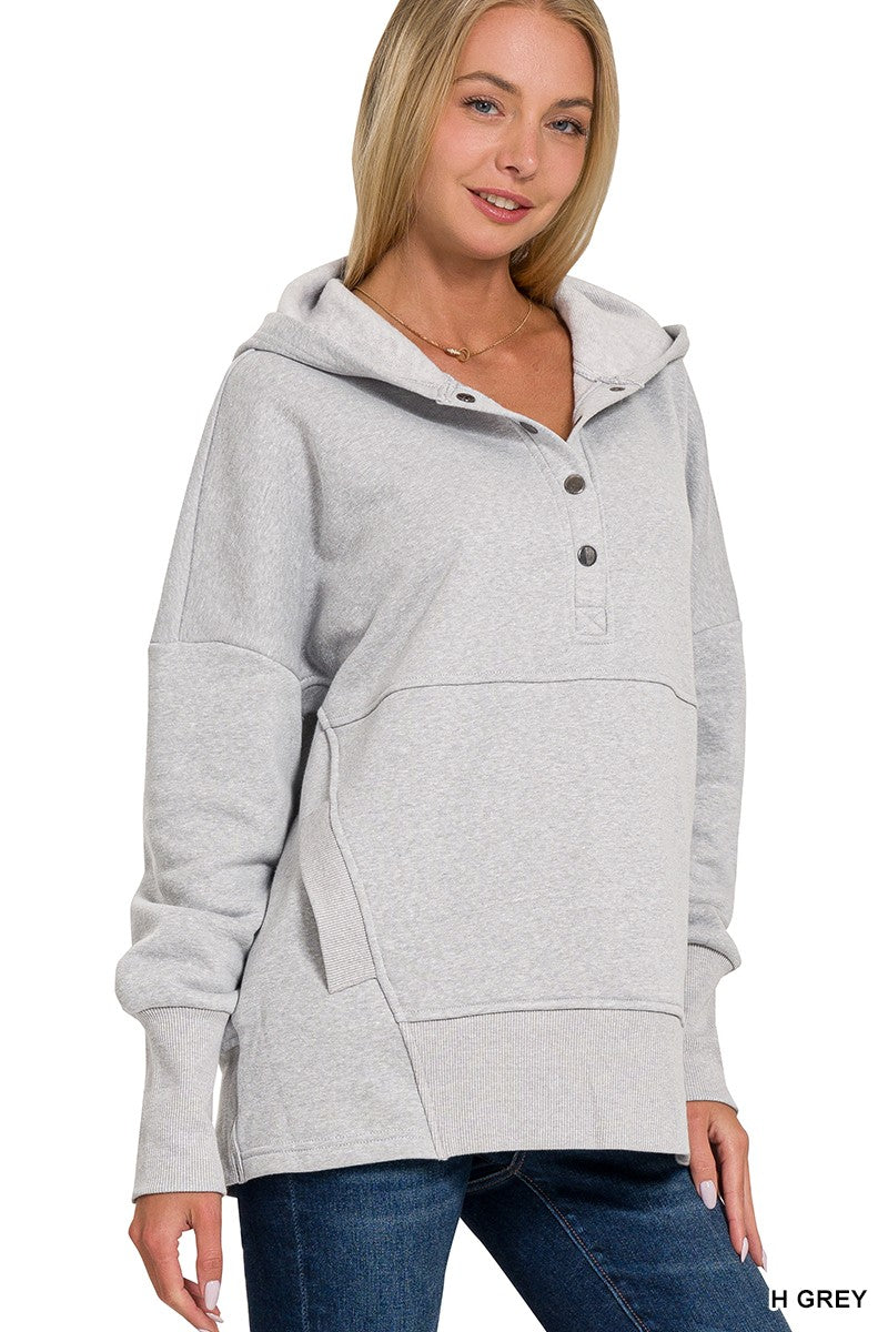 HALF BUTTON HOODED PULLOVER WITH KANGAROO POCKET