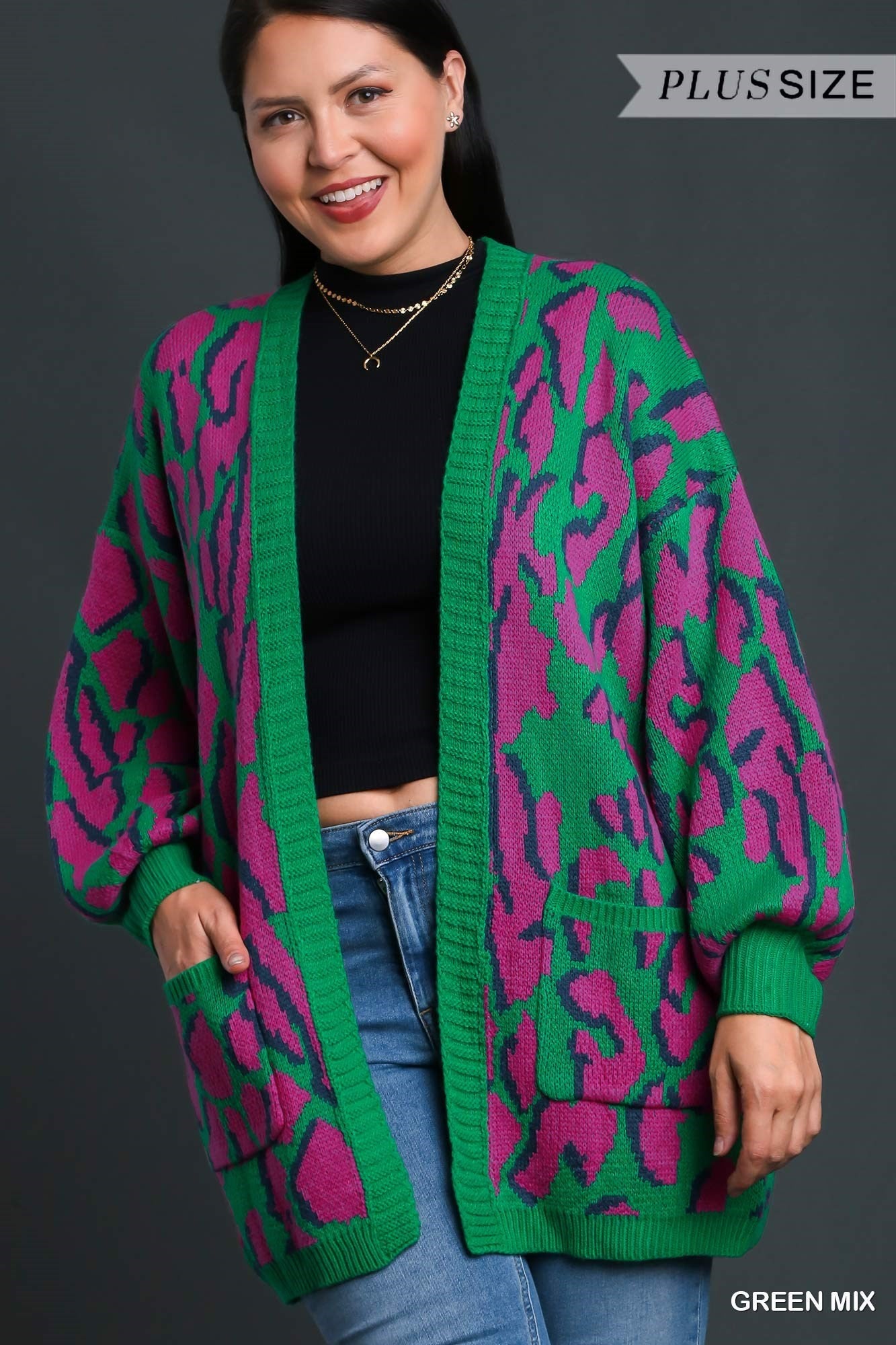 PLUS Animal Print Cardigan Sweater with