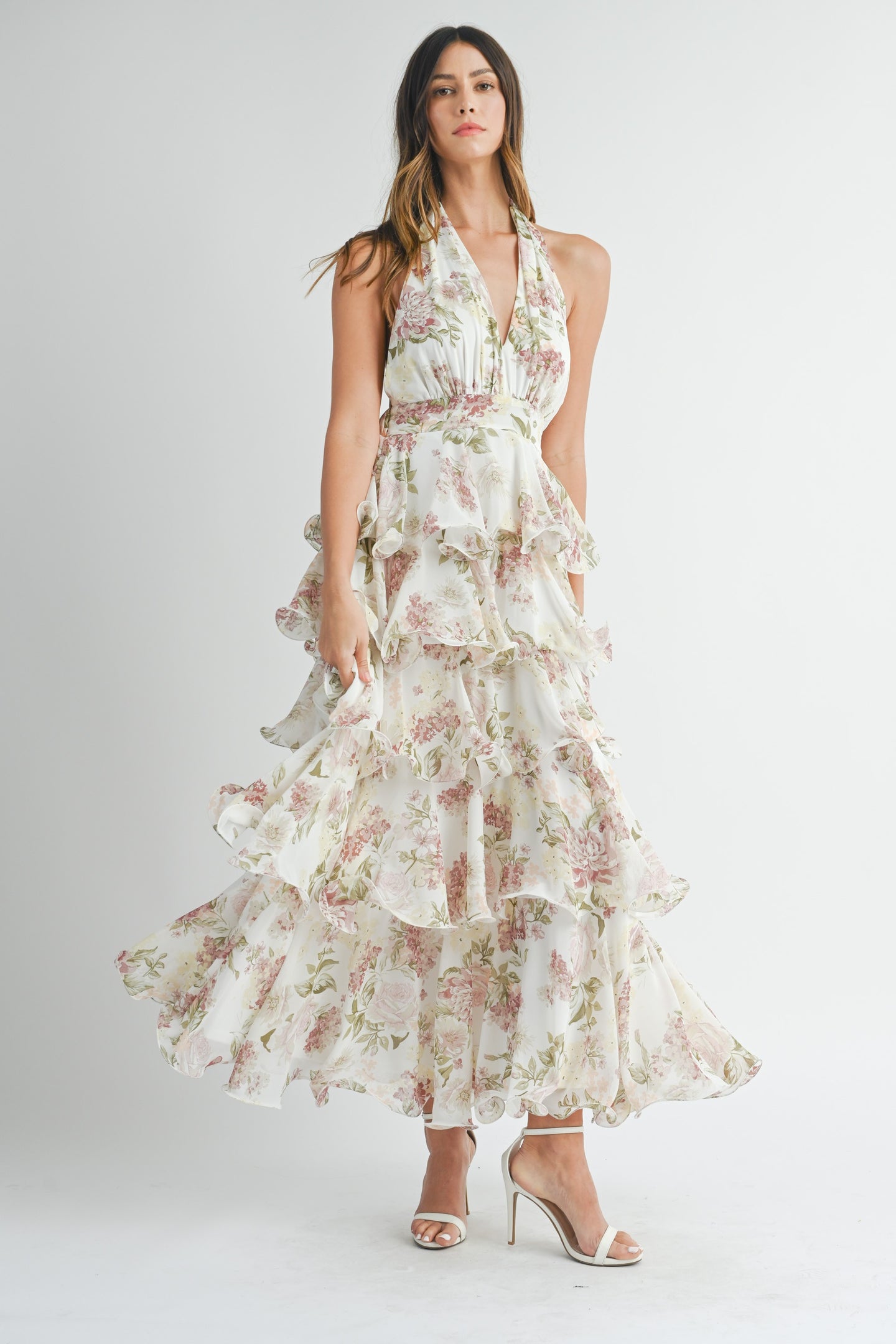 TIERED HALTERNECK FLORAL MAXI DRESS