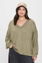 Load image into Gallery viewer, PLUS STRIPED DROP SHOULDER V NECK KNIT T
