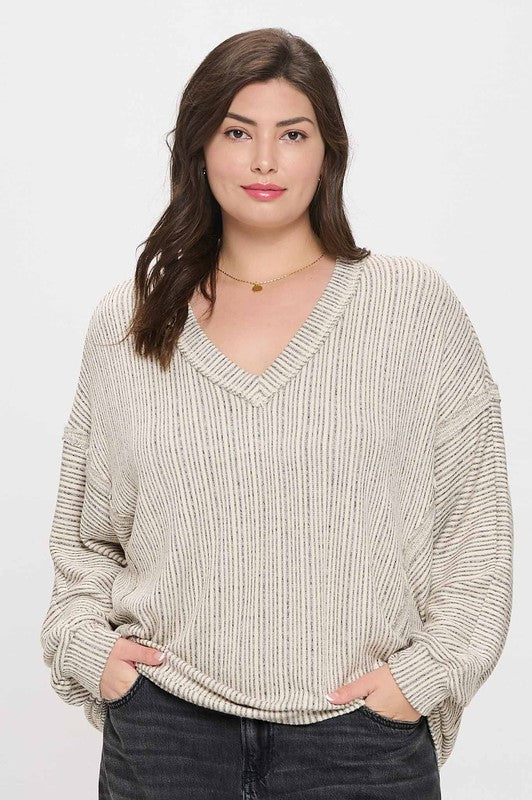 PLUS STRIPED DROP SHOULDER V NECK KNIT T