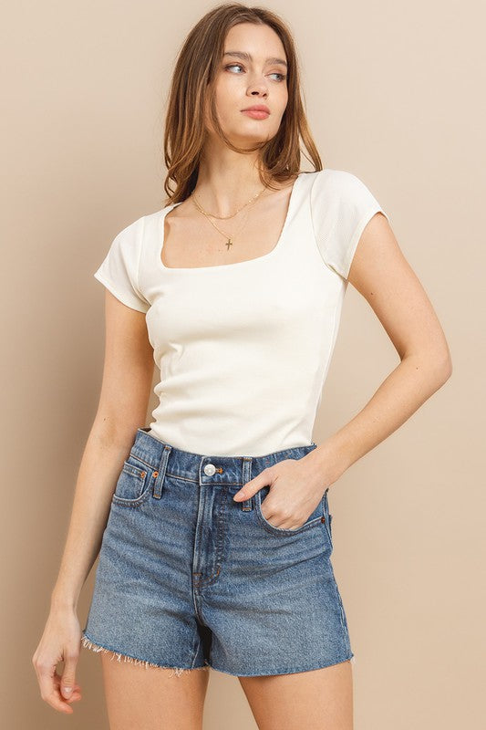 Ribbed Short Sleeve Square Neck Bodysuit