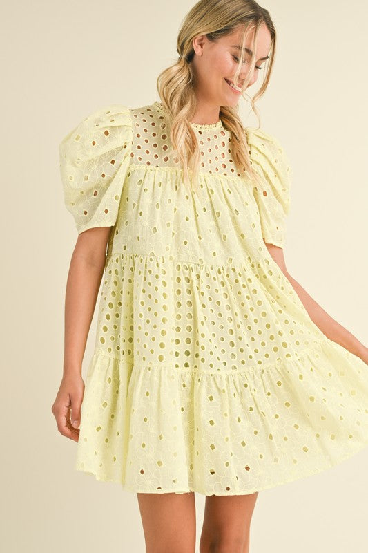 FLORAL EYELET PUFF SLEEVE MINI DRESS