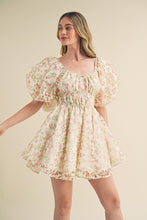 Load image into Gallery viewer, FLORAL BURNOUT BUBBLE SLEEVE FLARED MINI DRESS
