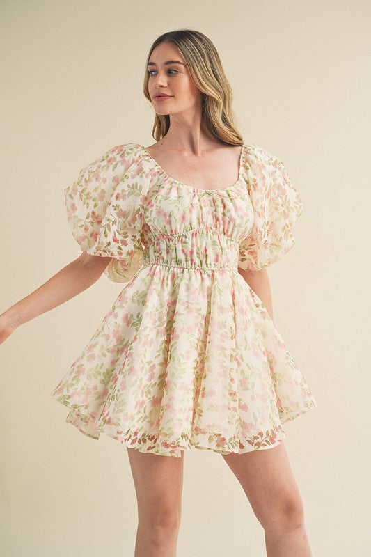 FLORAL BURNOUT BUBBLE SLEEVE FLARED MINI DRESS