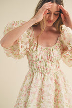 Load image into Gallery viewer, FLORAL BURNOUT BUBBLE SLEEVE FLARED MINI DRESS
