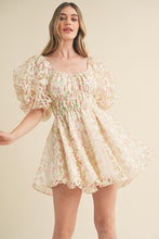 Load image into Gallery viewer, FLORAL BURNOUT BUBBLE SLEEVE FLARED MINI DRESS
