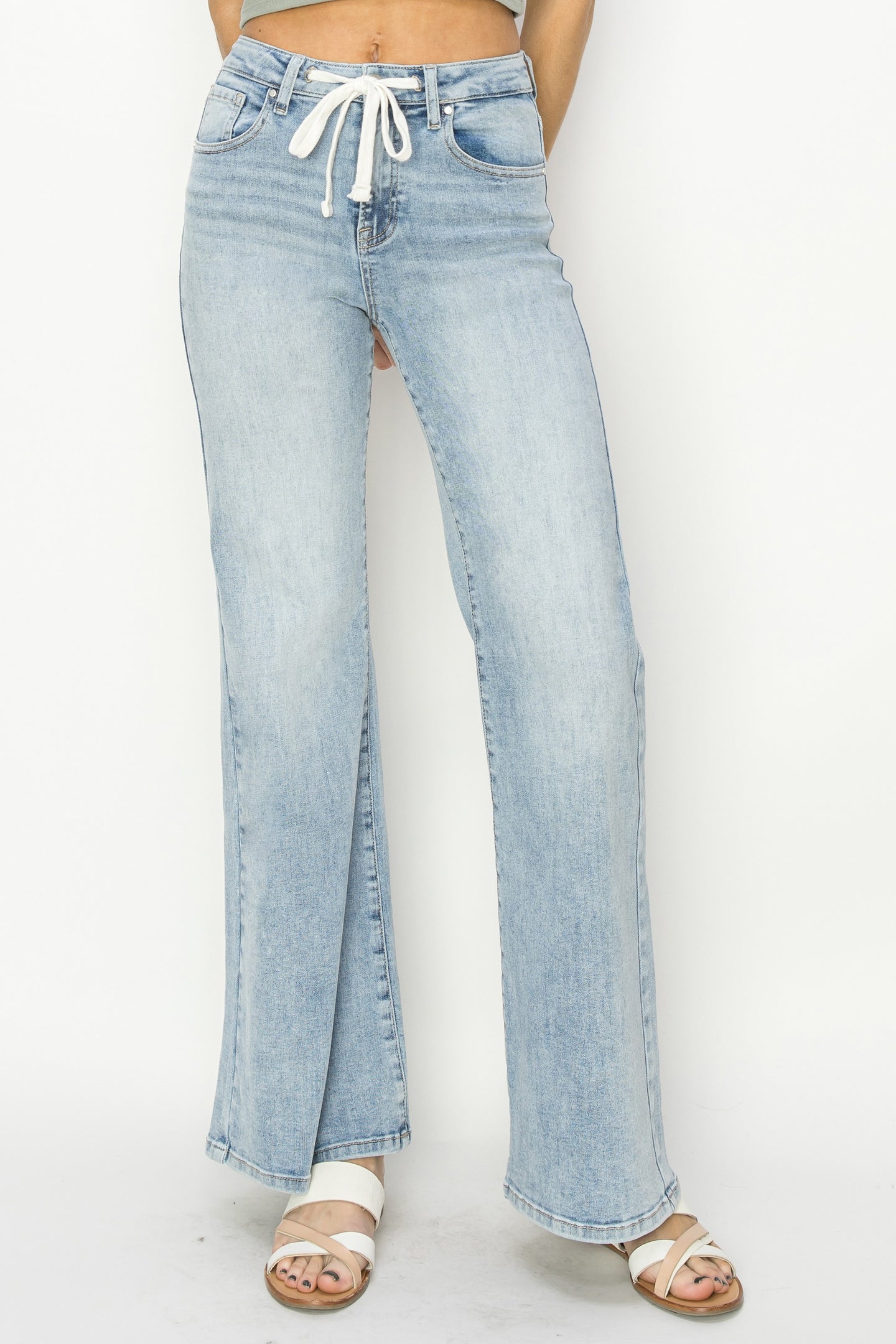 HIGH RISE FRONT DRAW STRING WIDE RELAXED JEANS