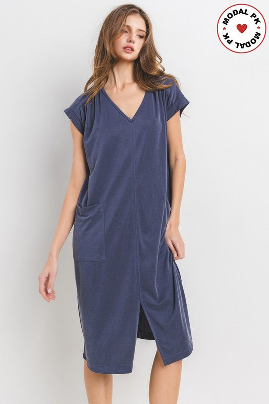 Modal Solid V-neck Short Sleeve Dress