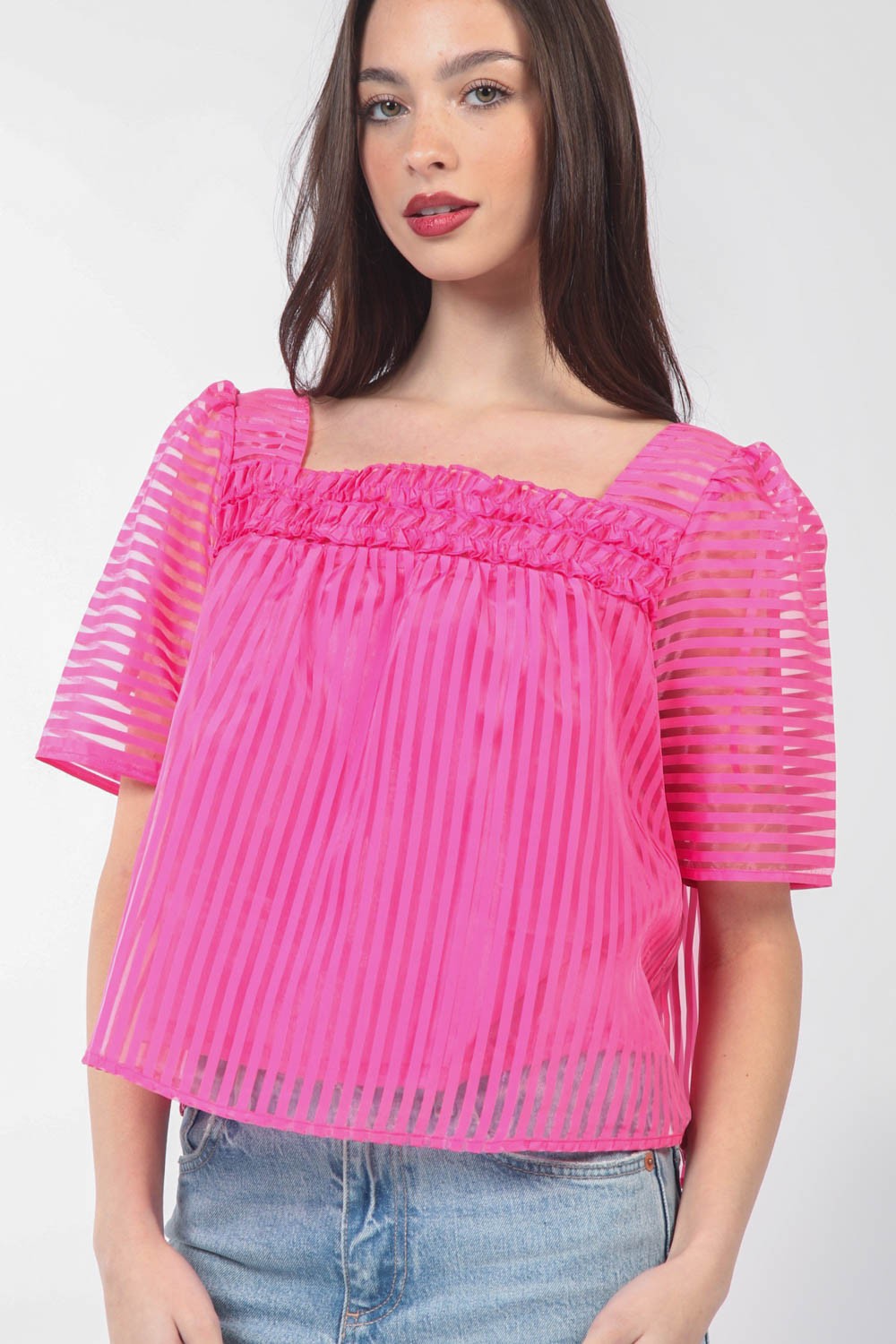 Puff Sleeve Organza Stripe Sheer Blouse