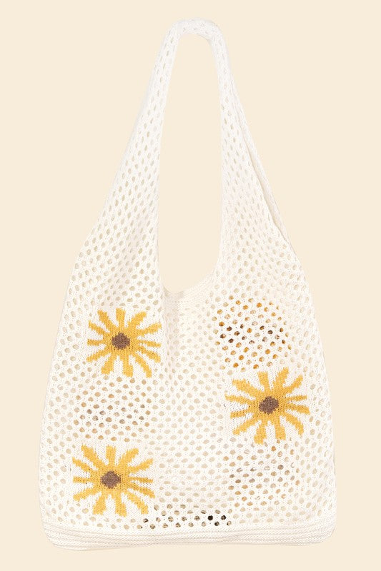 Floral Crochet Knit Tote Bag