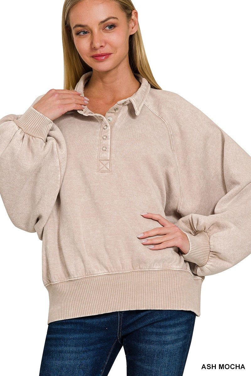 Acid Wash Fleece Button Up Collared Pullover