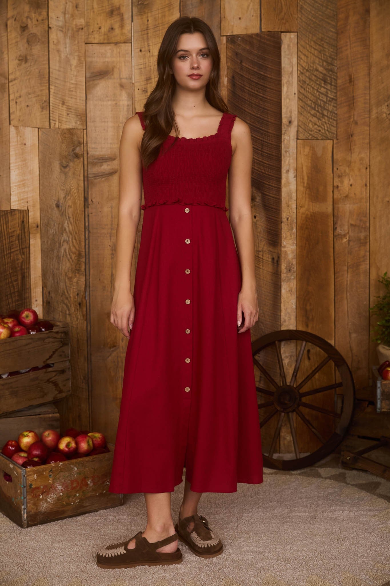 SMOCKED SLEEVELESS BUTTON DOWN MIDI DRES