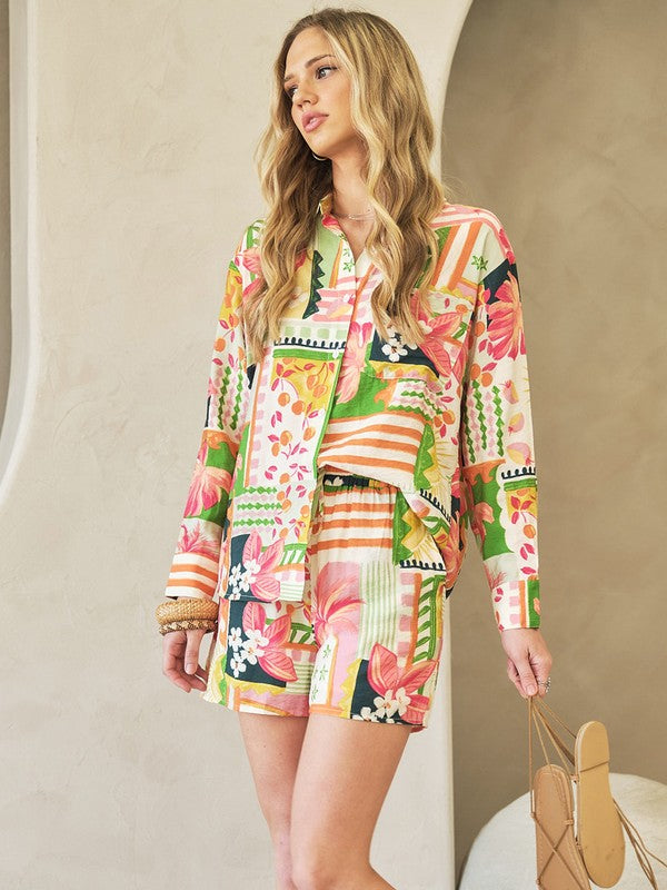 Tropical Floral Elastic Shorts Vacation set